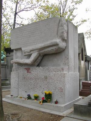 Division 89 is where Oscar Wilds Grave is .
The grave has a sculpture by Jacob Epstein of a mysterious Pharaonic winged messenger.
The stone has been vandalized of its once prominent member,which was last seen being used as a paper weight by the director of the cemetery.
The inscription on the stone is a verse from The Ballad Of Reading Gaol.