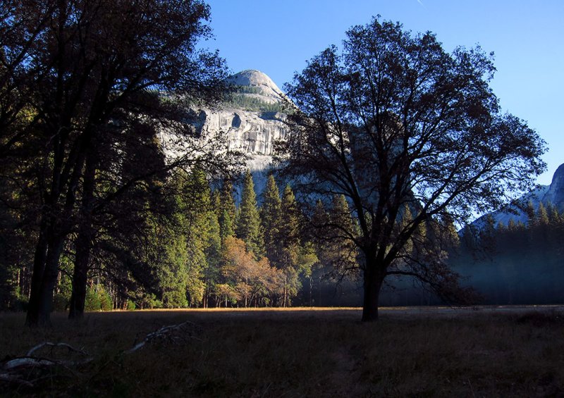 North Dome just as the sun was rising over Half Dome next day, same meadow.  #2756.