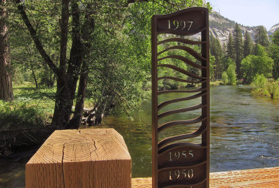 Swinging Bridge. Flood height marker--TOP is height of flood waters in 1997.  #4209
