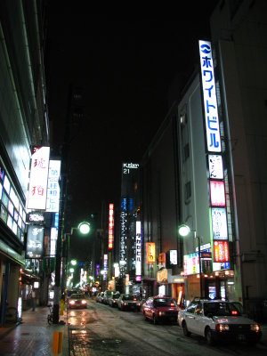 Stacked neon signs along a Susukino road