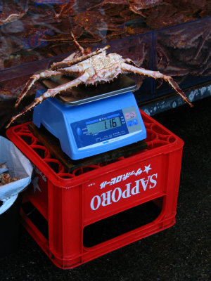 Hapless crab being weighed for customers