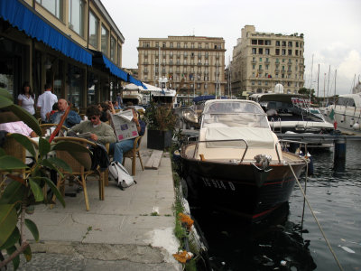 Waterfront cafe and boats