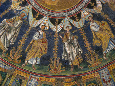 Mosaic of the apostles ringing the baptistry ceiling