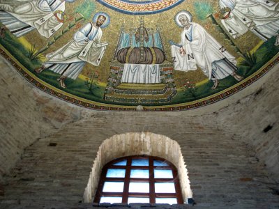 Baptistry window and edge of ceiling mosaic