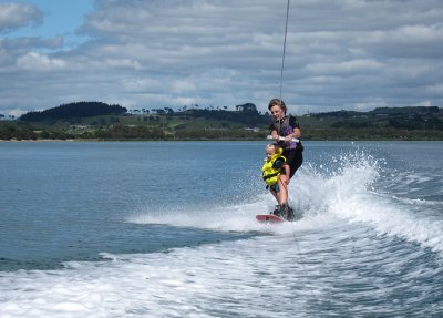 Julie and Charli both on the Wake-board