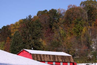 Red Barn, Fall Trees and White Snow