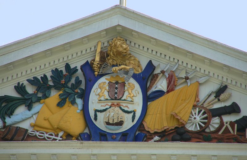 Detail of the presidential palace, the coat of arms of the West-Indische Compagnie