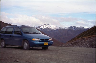 Our teal Ford Aerostar rental at Hatcher Pass