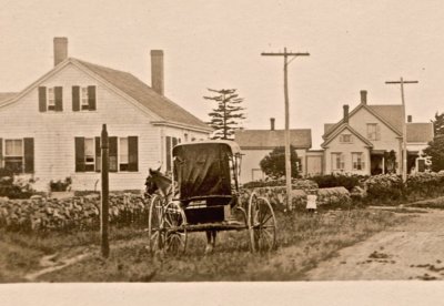 Horse & Buggy on Main Rd by the church - Street Westport, Point. Mass. 645 (Azo) detail