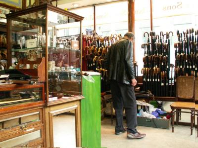 Dick picking out a walking stick for me - London