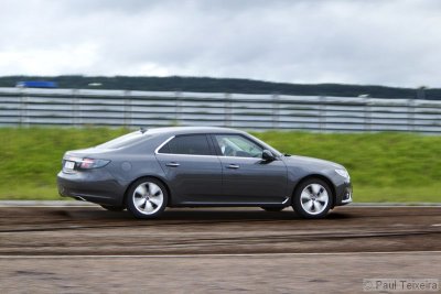 A Saab 9-5 is driven at high speed round the test tracks at the Saab factory in Trollhttan, Sweden