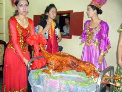 Food, roasted whole goat for dinner in Turfan