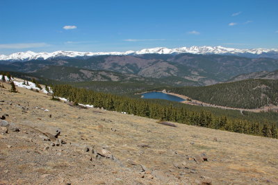 Looking down on Echo Lake from alpine tundra