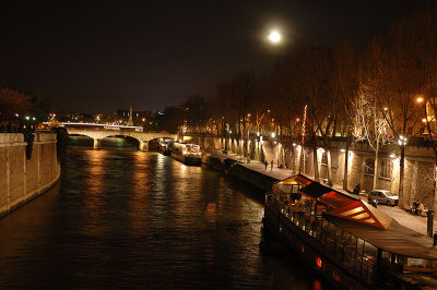 left bank of the Seine near Notre Dame in moonlight
