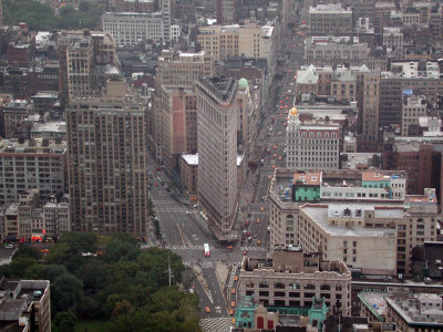 The Flatiron Building as seen from the Empire State, Broadway on the left and 5th Avenue on the right