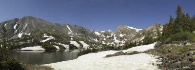 Lake Isabelle can be reached by a 2 mile hike in the Indian Peaks Wilderness Area. There was still lots of snow for this time of year. This image was stitched from 6 shots. 