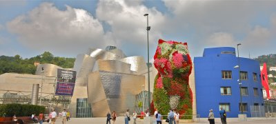 The Guggenheim Museum in Bilbao, Spain, which is clad in glass, titanium, and limestone