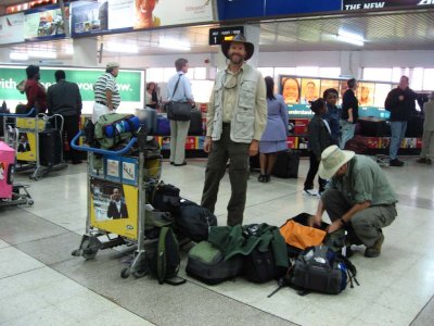 Organizing our luggage at Lusaka airport