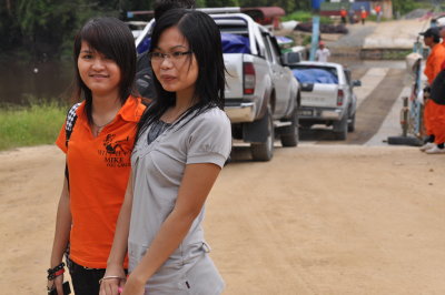 Olivia and Nonie at the first ferry across the Baram