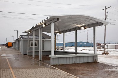 Covered structure beside passenger platform in Moosonee