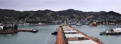 A Panamax ship entering the inner harbour, Lyttelton, New Zealand