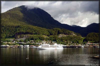 The coastline is dominated by large cruise ships