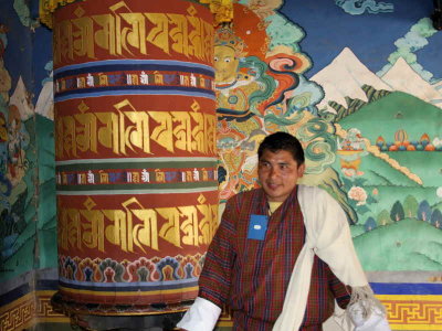 Grinchen describing the mural paintings, Trongsa Dzong, Bhutan