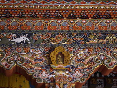Doorway decoration in the religous courtyard, Trongsa Dzong, Bhutan