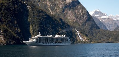 The World cruise ship on Milford Sound