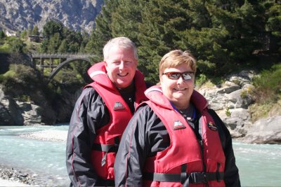 Mike and Jan going jetboating on the Shotover
