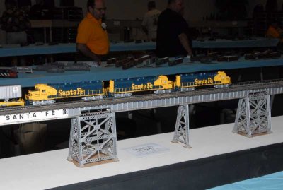 John Kennedy built this ATSF Aroyo Seco Bridge with new Athearn models displayed on it