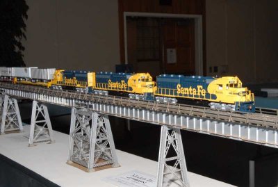 John Kennedy built this ATSF Aroyo Seco Bridge with new Athearn models displayed on it
