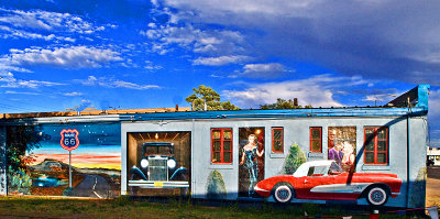 The rear wall of the Blue Swallow motel.