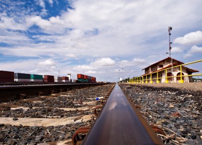 Another view of the Clovis station with freight cars parked on the siding