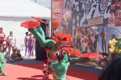 Chinese Acrobats- Gripping with her teeth only