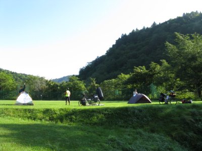 Our stealth (free) campsite near onsen bath house. Cold night for me. 35 deg. bag not warm enough.