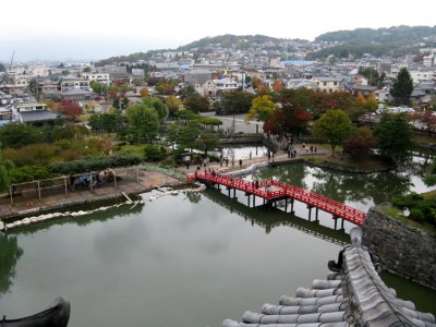 View of Matsumoto from the castle. The stairs are extremely steep (55-61 deg) and narrow for security purposes.