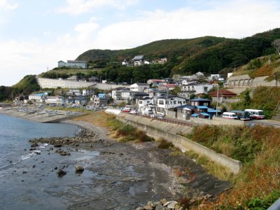 View of coastal fishing village.