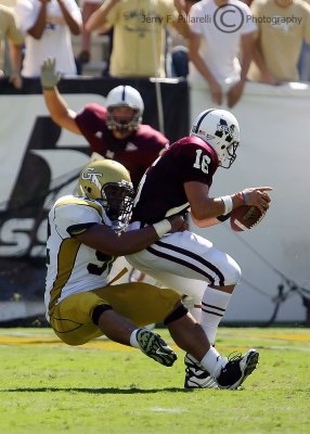 Yellow Jackets DE Peters sacks MSU QB Lee before he can get a pass off