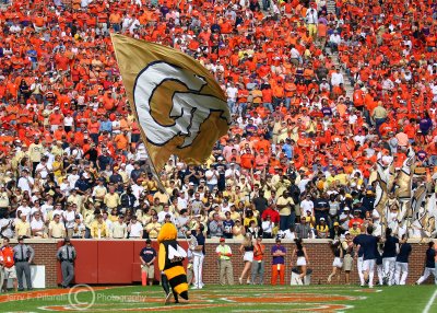 Jackets cheer team flies the flag in front of the team faithful after a score