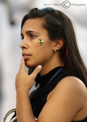 Yellow Jackets fan shows her disappointment at the end of a close game