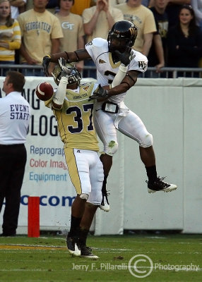 Tech CB Jerrard Tarrant breaks up a pass to Deacons WR Devon Brown