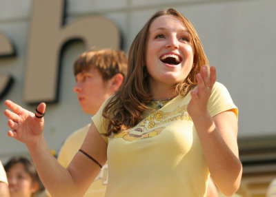 A Georgia Tech fan reacts to her team's play