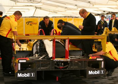 Pre-race preparation in the Porsche stall