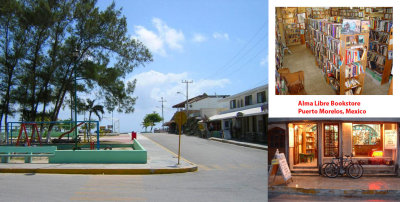 Puerto Morelos Zocalo features a basketball court and a shaded playground...