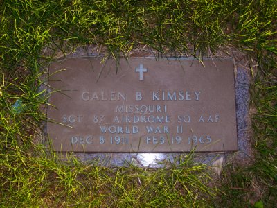 1911-1965

Gale was the father of three children. He was also the eldest of three chidren & the only son born to, Clellen Kimsey and his wife, Nellie Lee [Pardieu] Kimsey. He's buried in Gladstone Missouri.