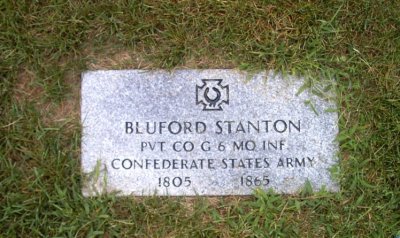 Bluford was born in Fishing Creek, Lincoln County, Kentucky in January of 1805. He was the second child of eight & the first son born to, John Stanton & his wife, Nancy [Pealey] Stanton. He died, 04 March 1865, in Demopolis, Marengo County, Alabama from a kidney infection. He was a proud Veteran of the Confederacy & gave his life for that cause. This stone was placed much later, by one of Bluford's second great grandsons, Ernie Connell. It rests in the Agency Cemetery, Buchanan County, Missouri. 