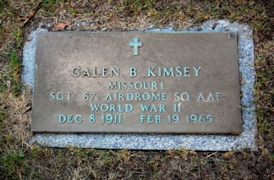 Here is another shot of the same stone. I took this trying to rectify the annoying flash of the previous picture. However, side by side, I couldn't decide which one to keep, so I posted them both. Galen is buried in White Chapel Memorial Gardens Cemetery, Gladstone, Clay County Missouri, just a few feet away from his son, James Robert Kimsey.  