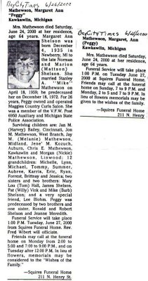 Margaret was the third of eight children born to, Norman Shelson & his wife, Marian L. [Mattson] Shelson. Shown above is the obituary printed for her in the Bay City Michigan newspaper.