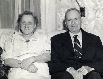 Shown above are, Austin Newton St. Clair & his wife, Vera Constance [Marks] St. Clair, celebrating their 50th wedding anniversary. 
